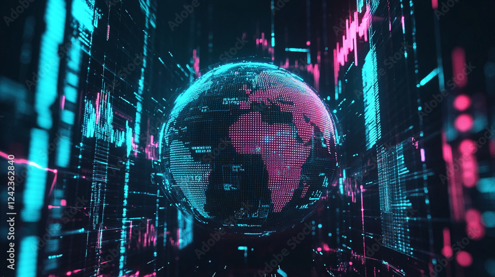Obraz premium Futuristic digital hologram of a rotating globe, illuminated in glowing neon blue and pink light, representing global connectivity and technology
