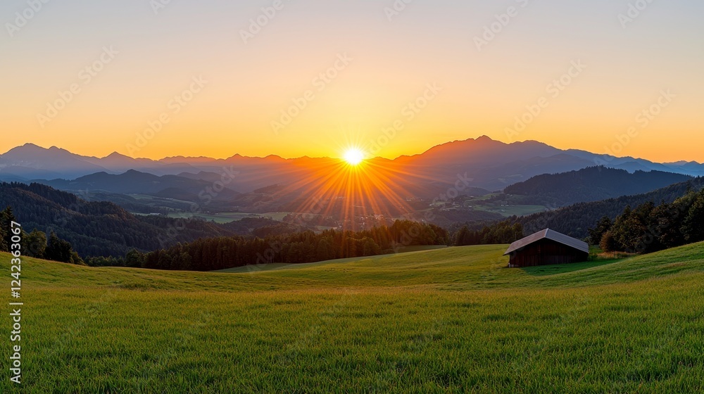 Obraz premium Tranquil Sunrise Scene at a Serene Egg Farm with Rustic Charm and Swaying Wheat Fields