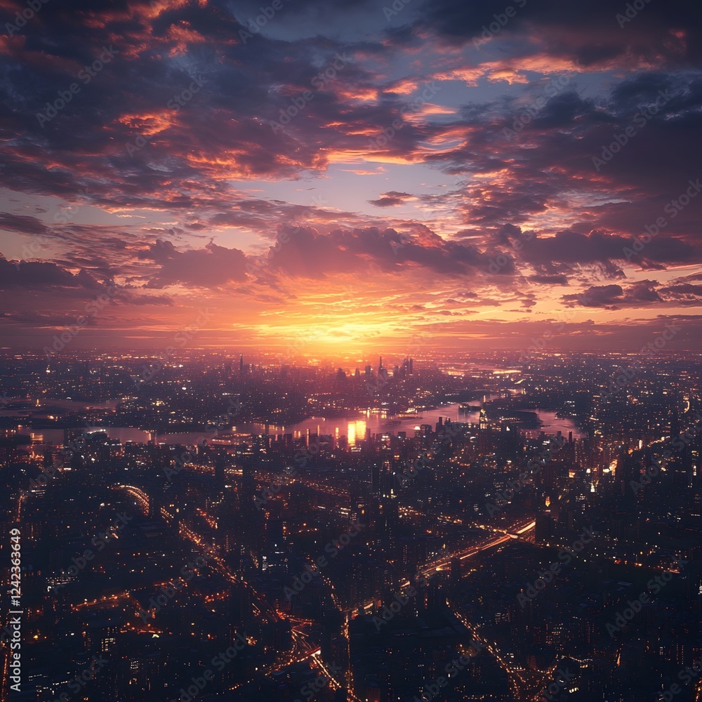 Obraz premium Vibrant Sunset Paints the Sky Above a Sprawling Metropolis as Dusk Settles In and the City Lights Twinkle to Life