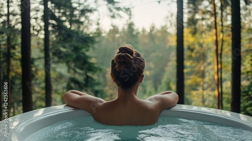 Fototapeta Naklejka Na Ścianę i Meble -  Woman relaxing in hot tub surrounded by forest scenery