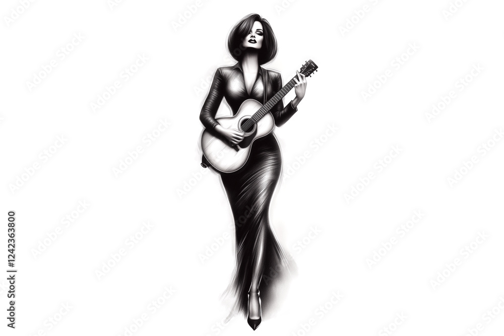 Naklejka premium A woman in a black dress is holding a guitar. The image is black and white. The woman is playing the guitar and she is in a dance-like pose. Scene is elegant and artistic