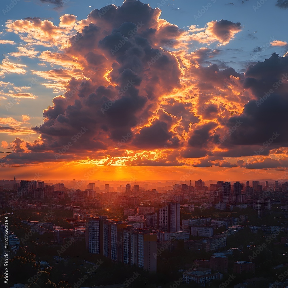 Fototapeta premium Dramatic Sunset Illuminates a Vibrant Cityscape with Fluffy Clouds and Cinematic Lighting