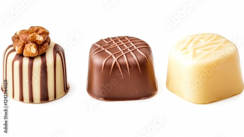 Three delicious chocolate pieces, isolated on white background photo