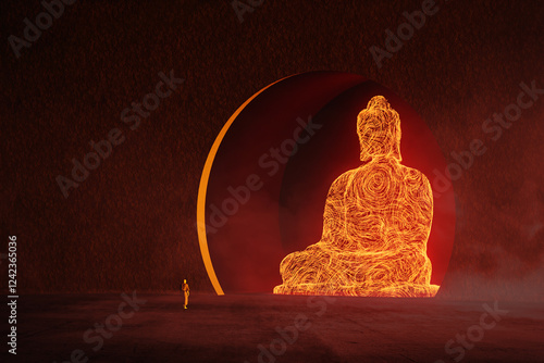 Monk in contemplation before glowing figure of enlightened Buddha