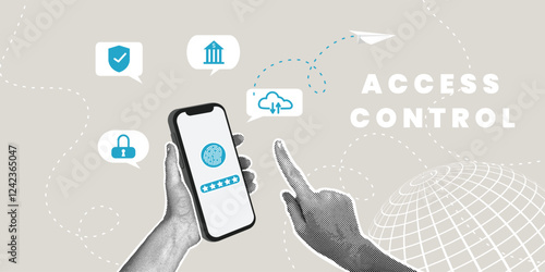 Trendy halftone collage. Biometric data protection concept, security access to financial data , fingerprint scan access, biometric cybersecurity system, privacy for data protection