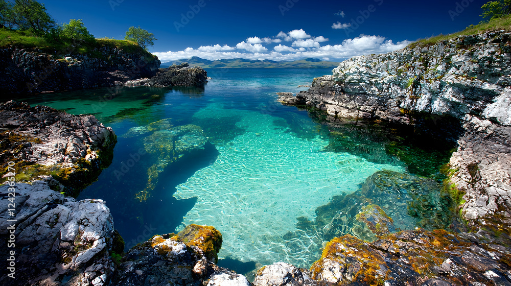 Crystal-clear coastal pool, serene island backdrop, sunny day, travel brochure Crystal-clear coastal pool, serene island backdrop, sunny day, travel brochure