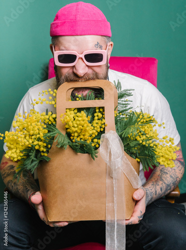 A man holds a basket of flowers in his teeth. photo