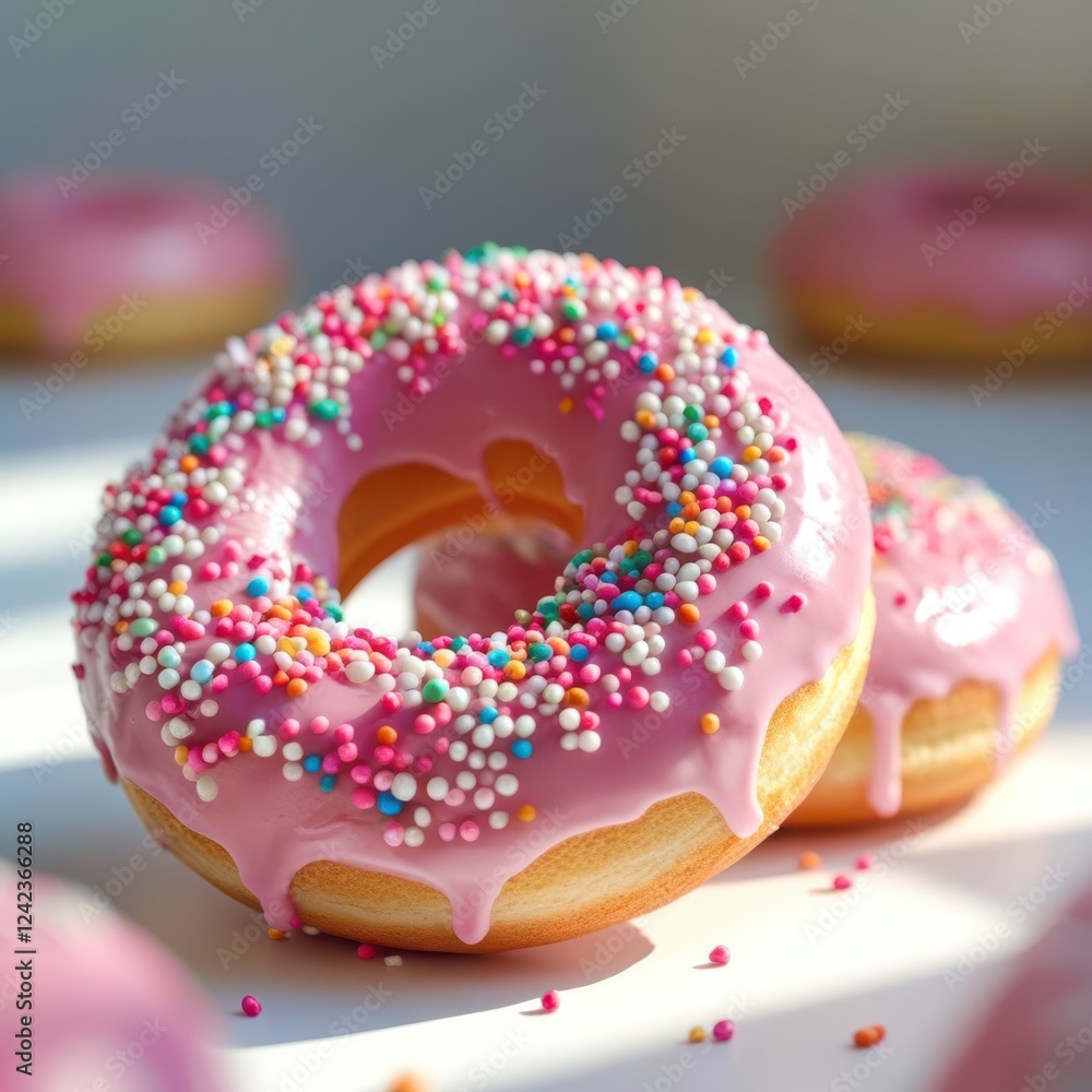 Pink frosted donut with rainbow sprinkles Pink frosted donut with rainbow sprinkles
