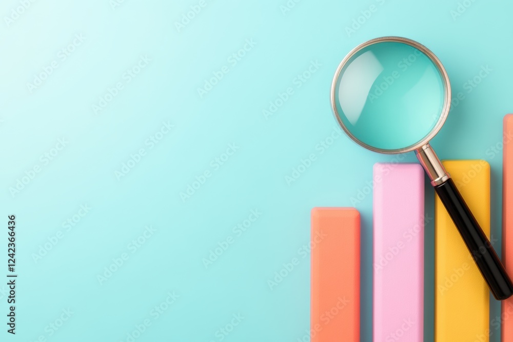 Colorful Bar Graph with Magnifying Glass on Blue Background Colorful Bar Graph with Magnifying Glass on Blue Background