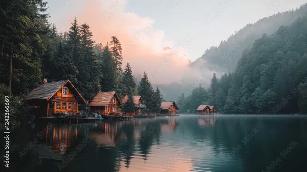 Fototapeta premium Serene Mountain Cabins by Tranquil Lake at Dawn with Misty Forest