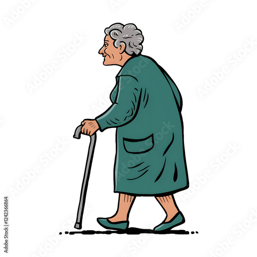 Elderly Grandmother mom woman lady walking with cane retired tourist travel movement pedestrian exercise illustration white background