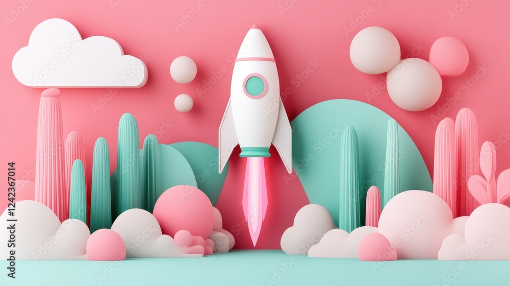 Rocket Launch Illustration in Colorful Playful Landscape Scene Rocket Launch Illustration in Colorful Playful Landscape Scene