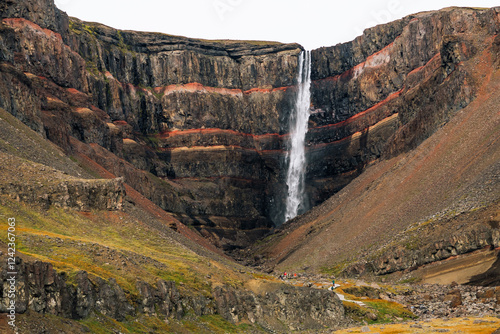 Hengifoss Waterfall. Natural Background.  photo