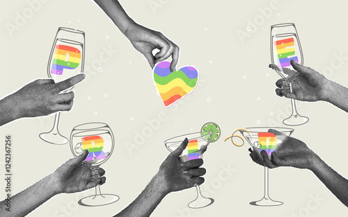 Trendy halftone collage in retro style. Horizontal collage on the theme of pride month. Hands with halftone effect holding different glass drinking glasses and paper cut out heart