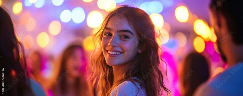 Young woman smiling at night while attending a party with friends Young woman smiling at night while attending a party with friends