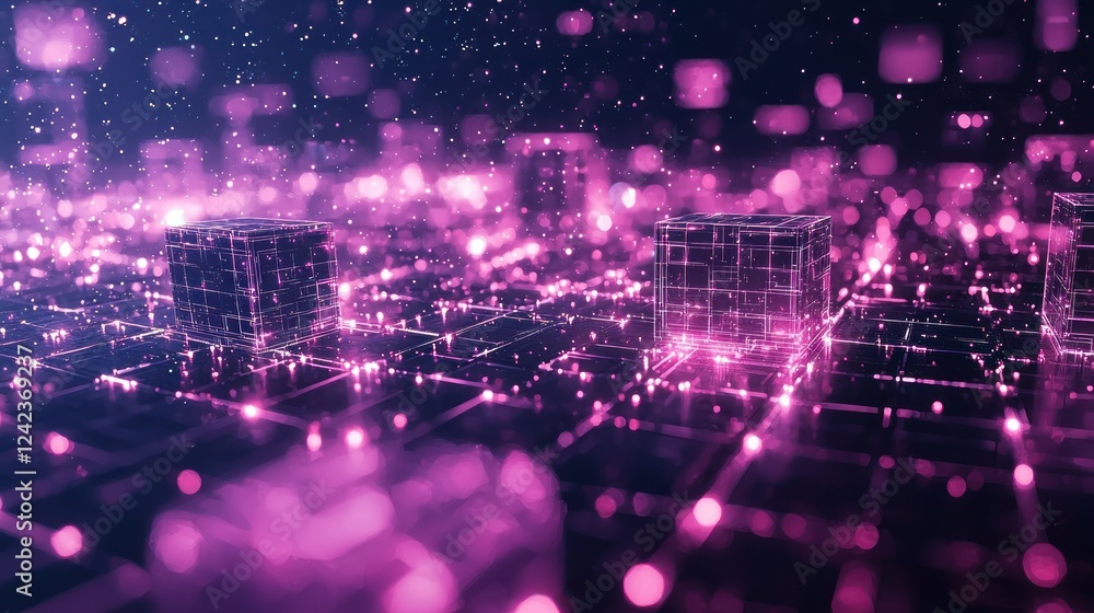 Fototapeta premium Pink glowing digital cubes network, futuristic city, data flow, abstract background, tech concept