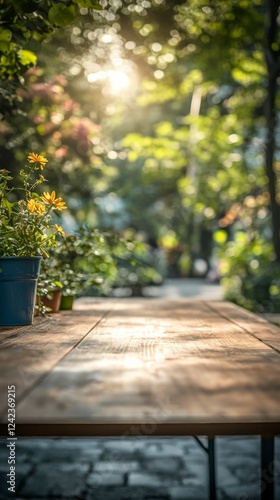 Wallpaper Mural Rustic Wooden Tabletop  Sunny Garden Background  Product Display  Spring Flowers Torontodigital.ca