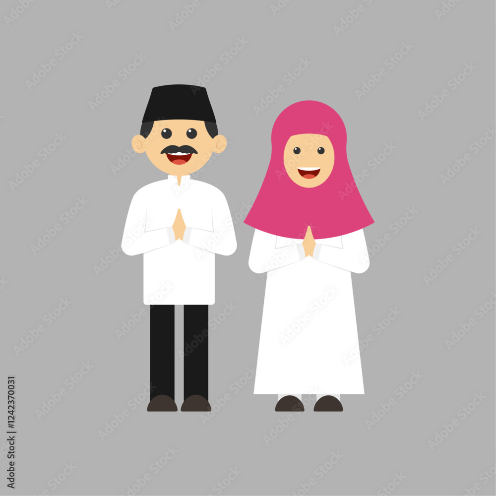A husband and wife dressed in muslim. Ramadan kareem. Eid mubarak. Flat design vector illustration. A husband and wife dressed in muslim. Ramadan kareem. Eid mubarak. Flat design vector illustration.