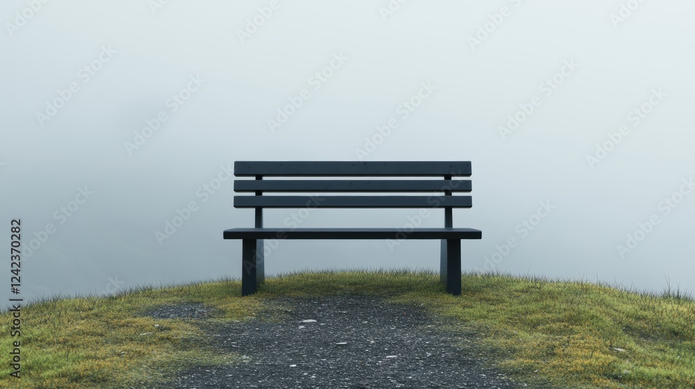 Serene Isolated Bench on a Foggy Hilltop with Grass Surrounding Serene Isolated Bench on a Foggy Hilltop with Grass Surrounding