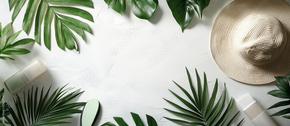 A serene flat lay of tropical leaves, a sun hat, and beauty products on a light background, evoking relaxation A serene flat lay of tropical leaves, a sun hat, and beauty products on a light background, evoking relaxation