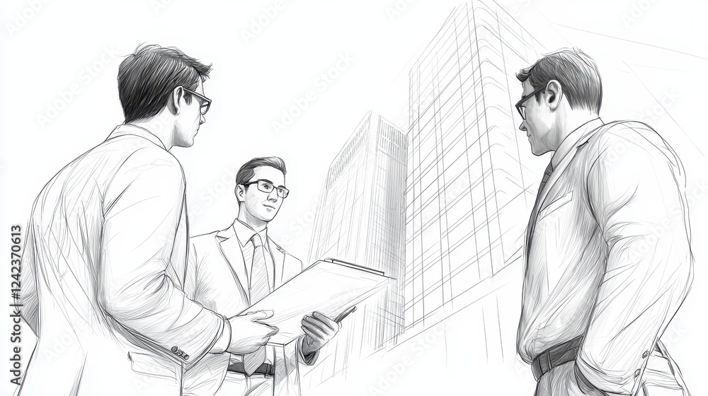 Fototapeta premium Three businessmen in suits, a professional exchange of ideas and strategies 