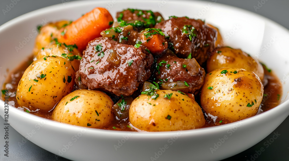 Beef stew with potatoes and carrots, close-up shot