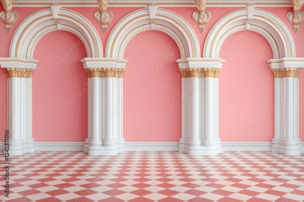 Fototapeta premium Elegant interior with arches and pink walls, classic design