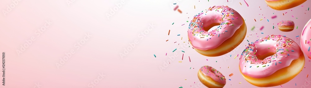 Delicious donuts on a pink backdrop, sweet treat for dessert lovers Delicious donuts on a pink backdrop, sweet treat for dessert lovers