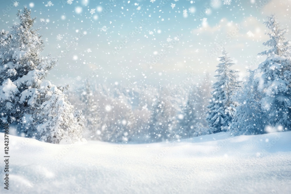 Snowy mountain forest winter wonderland scene, snowfall Snowy mountain forest winter wonderland scene, snowfall