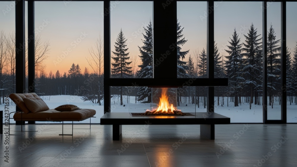 Fototapeta premium Fireplace in modern minimalist white interior with a view of snowy Scandinavian nature
