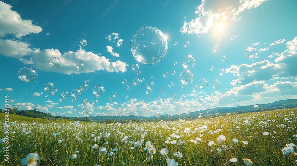 Bubbles floating over a wildflower meadow under a sunny sky Bubbles floating over a wildflower meadow under a sunny sky