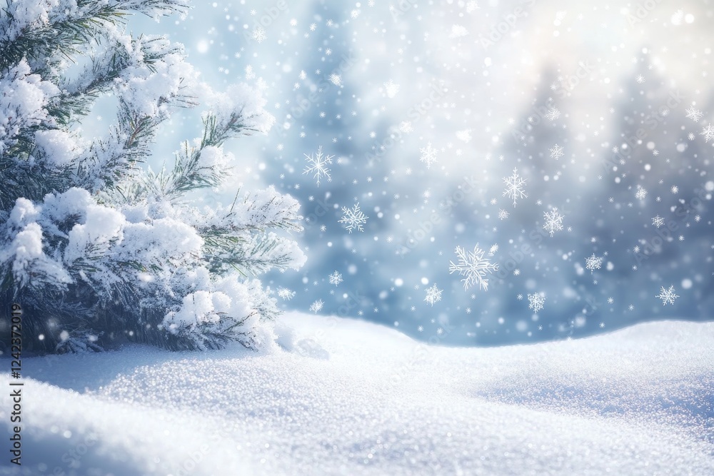 Snowy winter pine branch, snowfall, forest background, holiday card Snowy winter pine branch, snowfall, forest background, holiday card