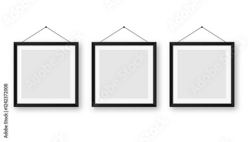 Realistic blank black picture frames collection. Modern poster mockup for artwork, photography, or advertising. Perfect for art galleries, interior decor, and branding. Vector illustration