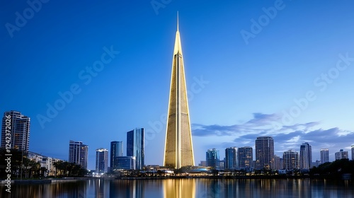 Stunning skyline at dusk featuring a towering golden spire reflecting in calm waters, city life nearby photo