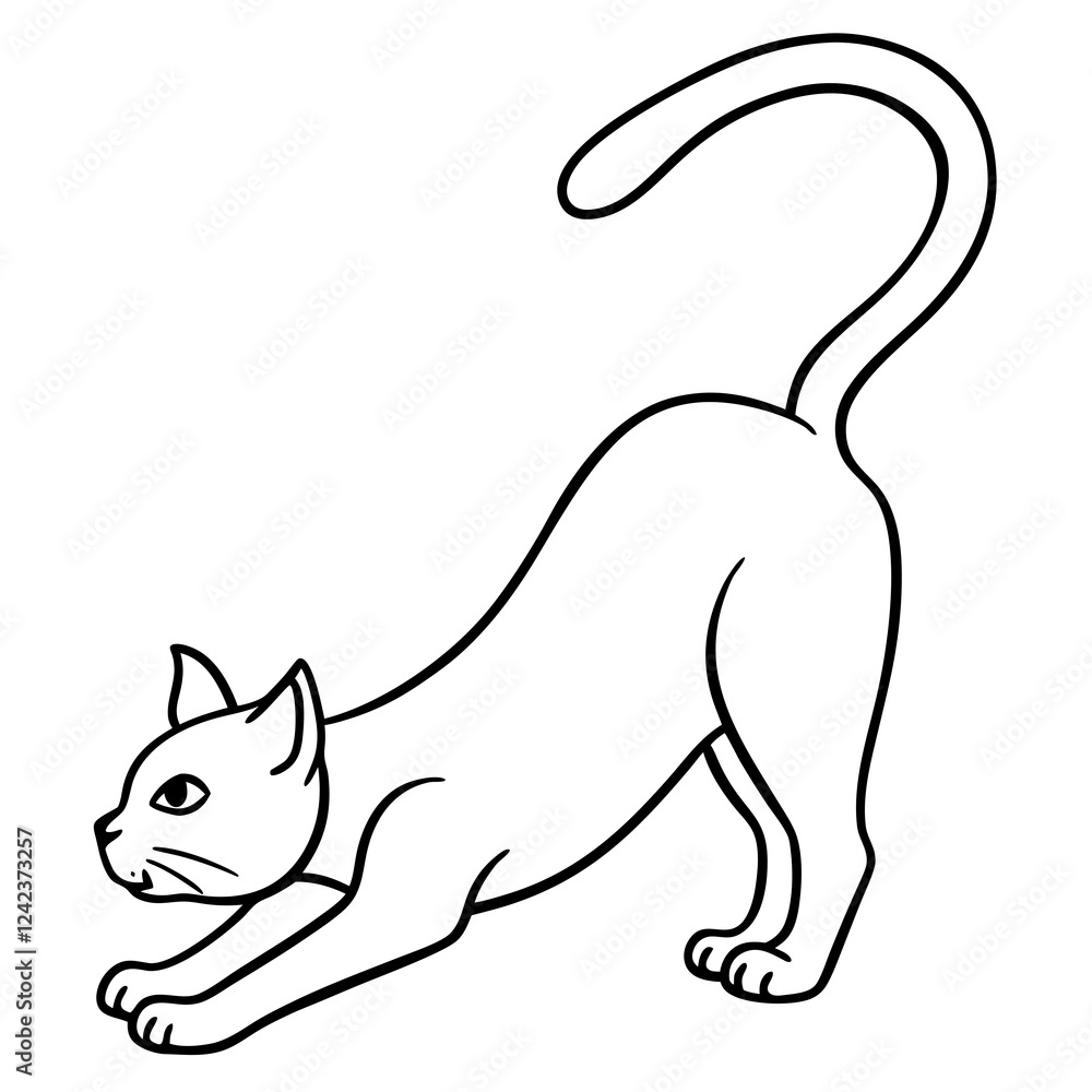 Graceful Cat in Minimalist Line Art Stretching Elegantly Against White Space Graceful Cat in Minimalist Line Art Stretching Elegantly Against White Space