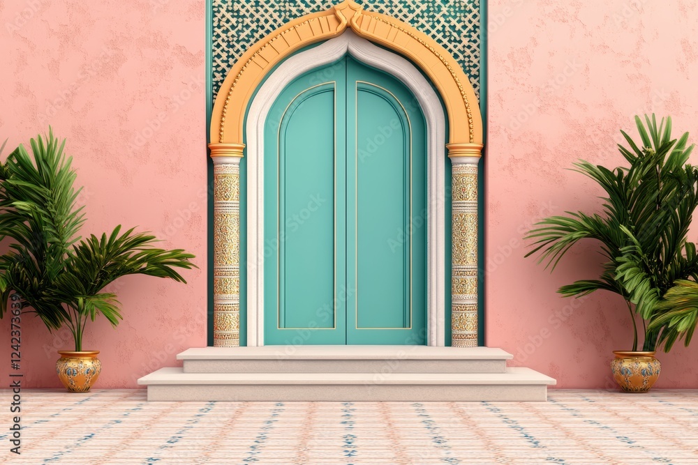 Fototapeta premium Vibrant Turquoise Doorway with Palm Plants and Pink Walls