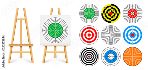 Shooting range target on a wooden easel stand. Paper target with divisions, marks and numbers. Archery, gun shooting and training, sport competition, hunting. Bullseye and aim. Vector illustration