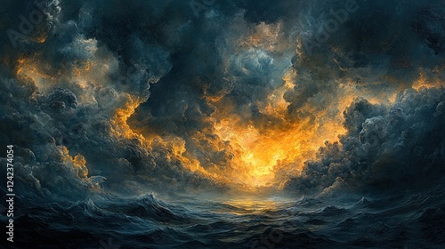 A dramatic oil-textured stormy sky with deep grays and streaks of vibrant yellow