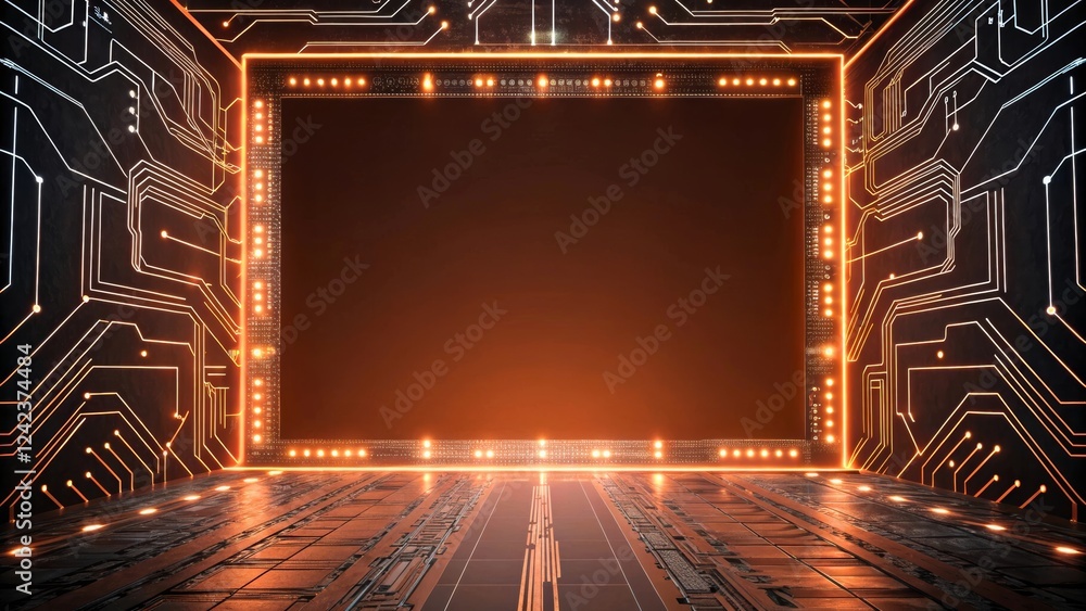 Fototapeta premium Futuristic Tech Display with Glowing Circuit Patterns and Dark Background