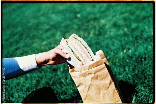 man taking a sandwich out from a paper bag at the park 35mm photo