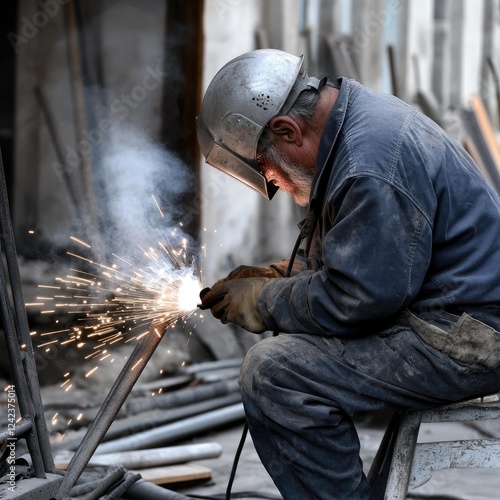 Industrial welding craft: metalwork process, sparks flying, skilled worker, protective gear, precision tools, molten metal, craftsmanship focus, welding techniques, safety equipment, intense labor. photo