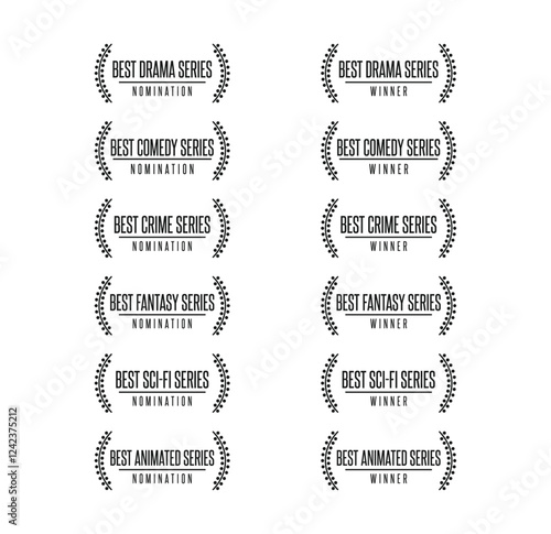 TV series awards - best tv show series by genre nomination icons. Comedy, crime, drama, sci-fi, animation. Laurel vector logo set
