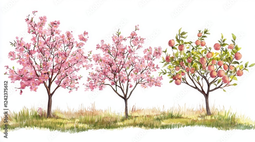 Charming illustration of spring trees with blossoms and fruits in a serene garden setting Charming illustration of spring trees with blossoms and fruits in a serene garden setting