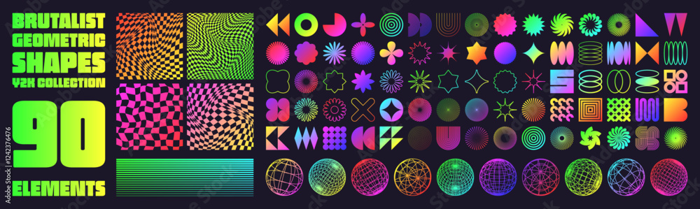 Brutalist geometric shapes, neon modern symbols. Groovy checkered pattern, distorted tiled grid. Simple elements, forms. Retro design, trendy contemporary minimalist style, y2k. Vector illustration