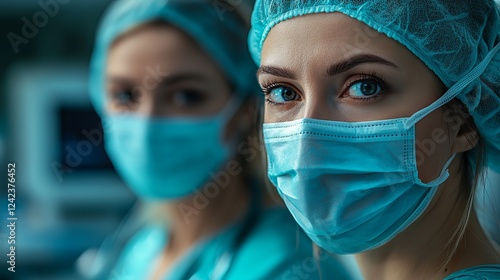 Focused Surgeons Wearing Surgical Masks in Operating Room Engaged in Precision Medical Procedure with Bright Lights Creating a Professional Atmosphere of Care and Dedication to Patients Health photo