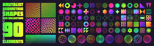 Brutalist geometric shapes, neon modern symbols. Groovy checkered pattern, distorted tiled grid. Simple elements, forms. Retro design, trendy contemporary minimalist style, y2k. Vector illustration