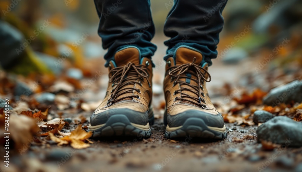 Hiking boots on a leaf-covered trail in autumn forest Hiking boots on a leaf-covered trail in autumn forest