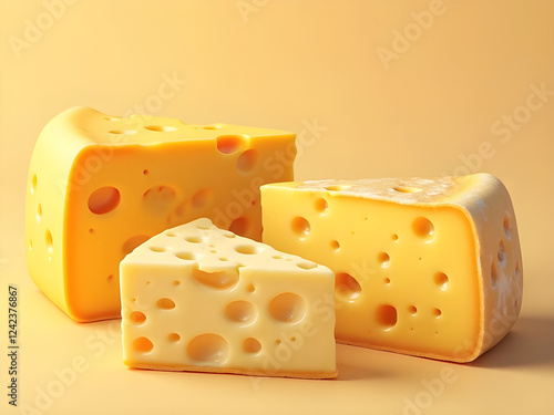 Delicious Swiss Cheese with Holes Stacked on a Yellow Background photo