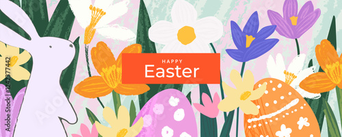 Happy Easter greeting card or web banner. Trendy Easter design with typography, hand painted pattern with spring flowers, egg and Easter bunny. Modern art style. Template for ads poster, promo, sales