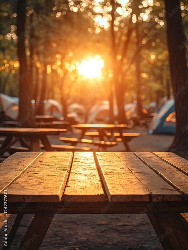 Empty Rustic Wooden Table in Tranquil Outdoor Camping Scenery under Warm Sunlight Empty Rustic Wooden Table in Tranquil Outdoor Camping Scenery under Warm Sunlight